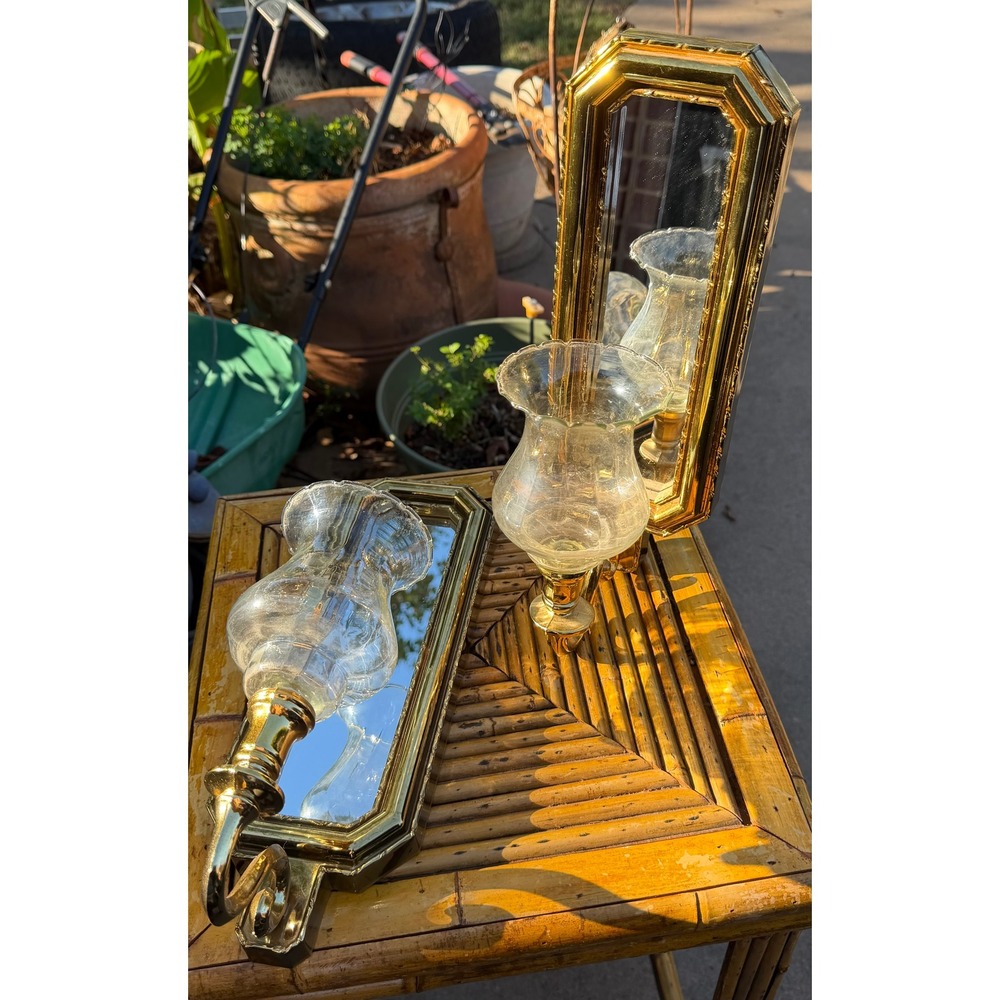 Vintage Home Interiors Gold Mirrored Wall Sconces Pair Hurricane Glass Shades